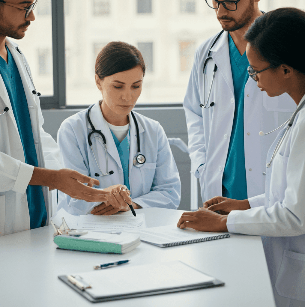 Interface do dashboard MedTurno mostrando gestão de plantões médicos, lista de médicos qualificados e sistema de validação automatizada para hospitais e clínicas